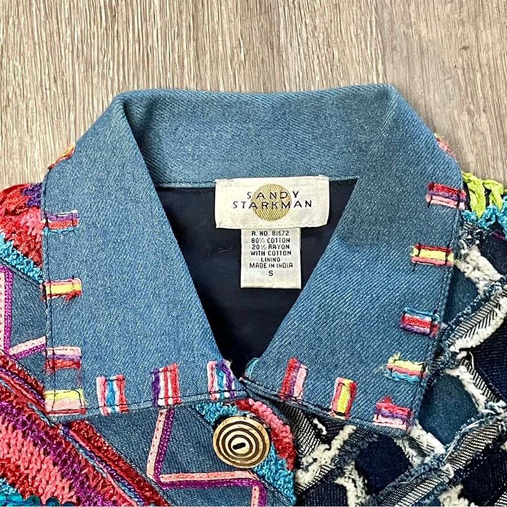 Vintage Sandy Starkman Crochet Sequin Patchwork Denim Jean Jacket - Picture 15 of 16